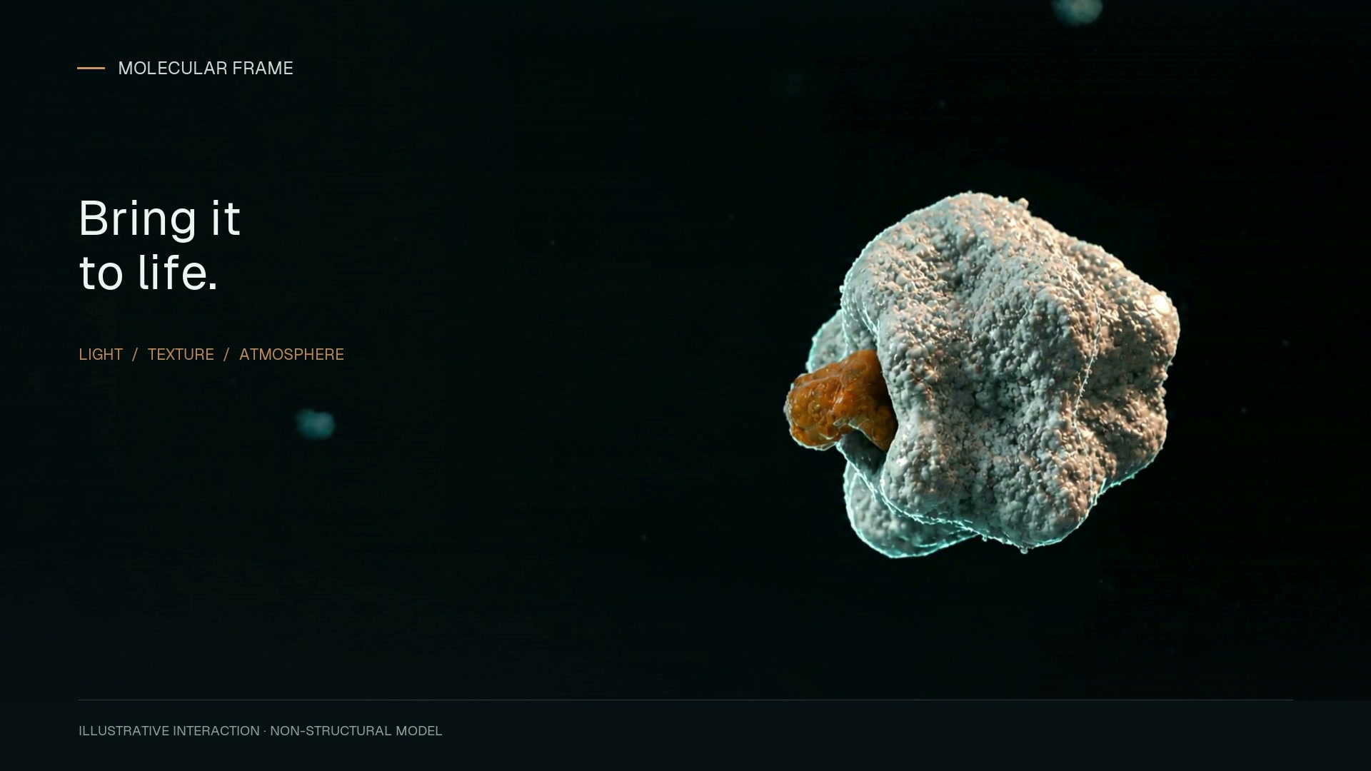 An illustrative molecular encounter develops into finished light, texture and sound.